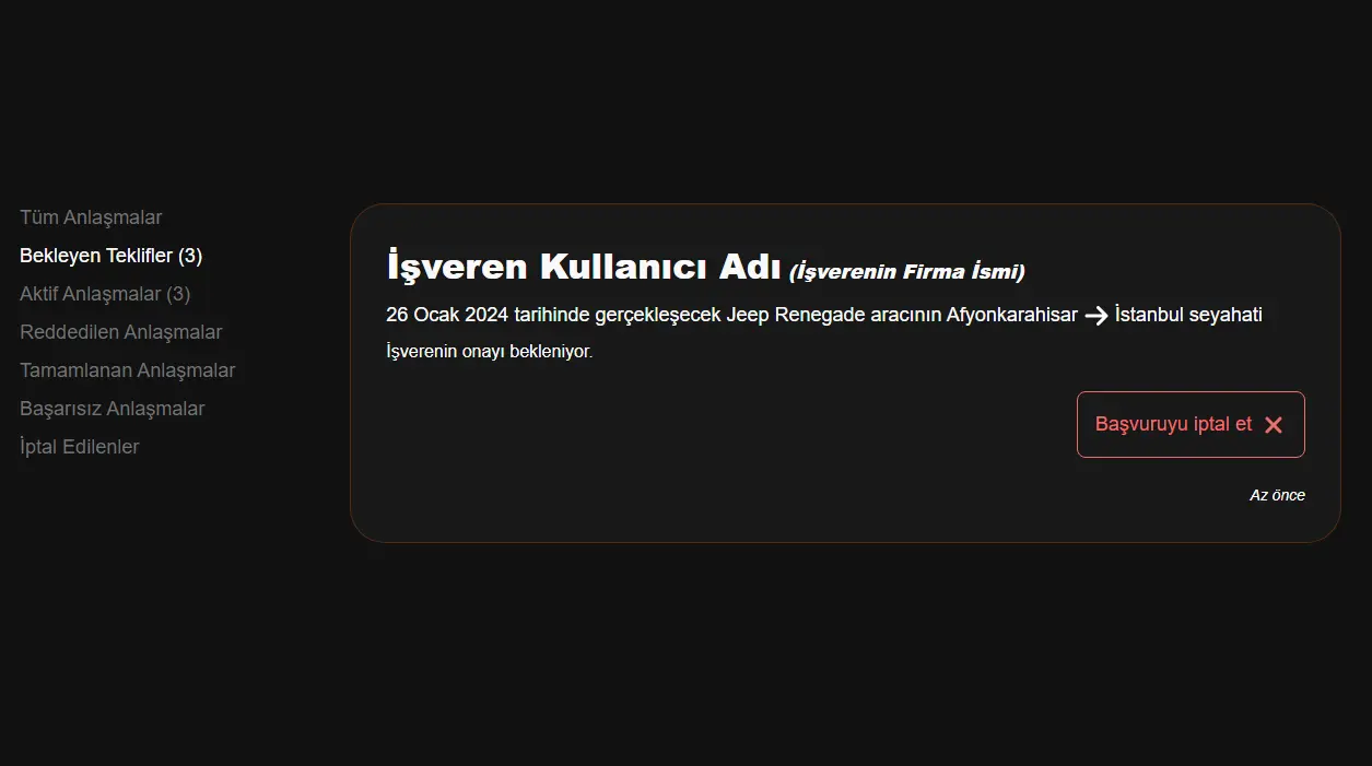 Anlaşmalar sekmesinde istek gönderilmiş bir ilanın örnek gösterimi