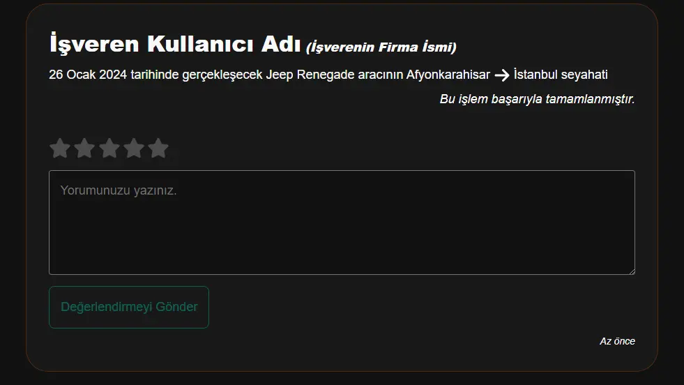 Tamamlanmış bir anlaşma sonrasında aktif olacak olan yorum yazma panelinin görseli