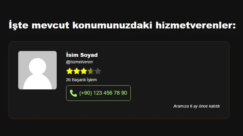 Yolda kaldım sekmesinde yer alan örnek bir hizmetveren görseli